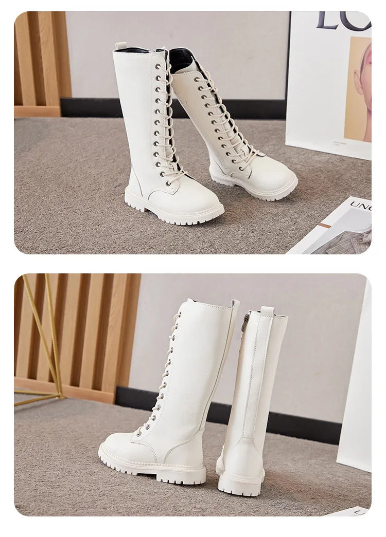 Girls Long Boots Children Knee-High Fashion Motorcycle Boots Rubber Soft Platform for Princess Kids High Boots Classic Winter