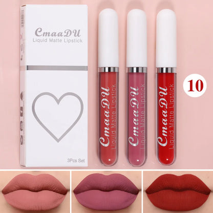 Juego de 3 brillos labiales de terciopelo mate, resistentes al agua, de larga duración, líquidos, cosméticos, maquillaje que dura 24 horas.