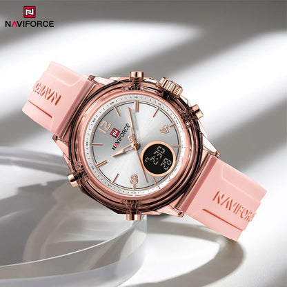 Relojes NAVIFORCE para mujer, nuevo diseño, esfera pequeña, deportivos, para mujer, resistente al agua hasta 5 ATM, reloj de pulsera de cuarzo con pantalla LCD digital, reloj para mujer