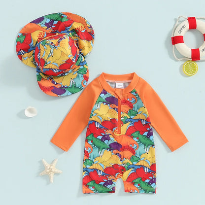 Traje de baño Tregren para niños pequeños, de manga larga, con estampado de tortuga y dinosaurio, con gorro de baño y ropa de playa.