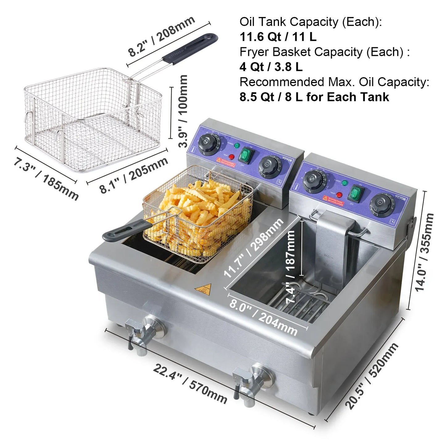 VEVOR Commercial Electric Deep Fryer w/Dual Tanks 12L Countertop Fryer w/Oil Filter and Timed for Fried Chicken French Frie