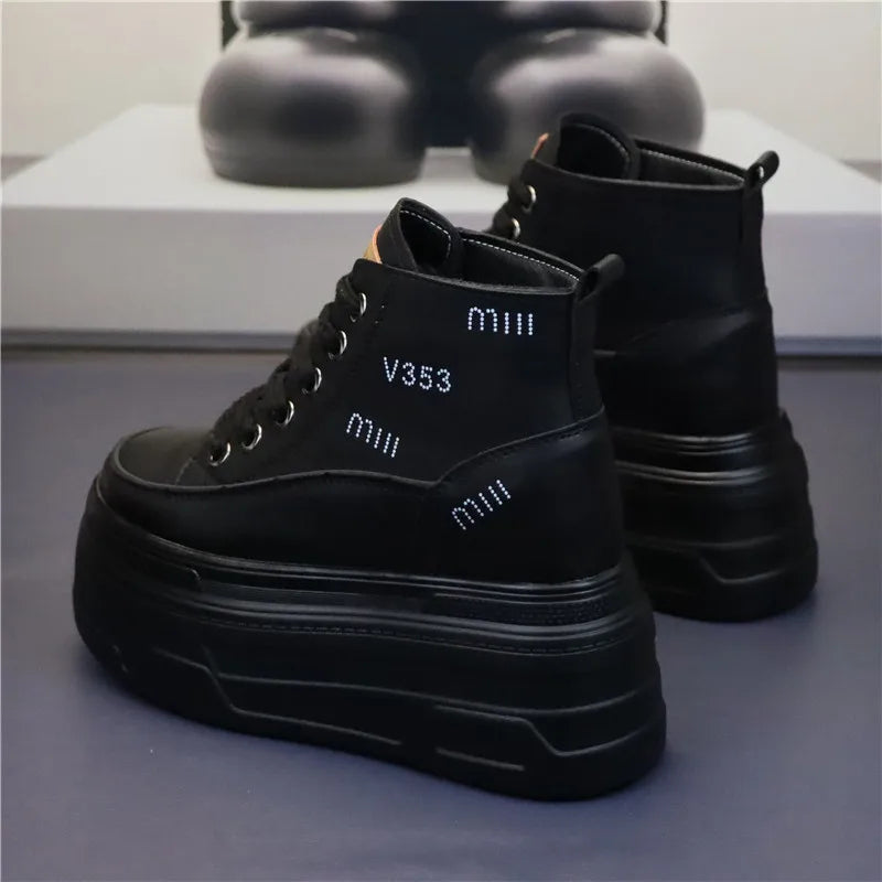 High Top Fashion Sneakers White Chunky Platform Wedge Shoes 12cm 14cm Height Increased Woman Sports Casual Shoe Tennis Female