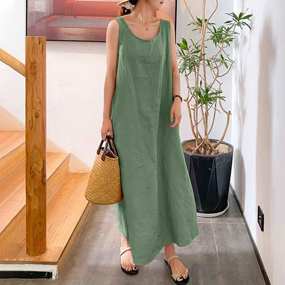 Vestido longo de linho de algodão feminino, saia solta, roupa feminina, moda casual, elegante, verão, tamanhos grandes, 2025