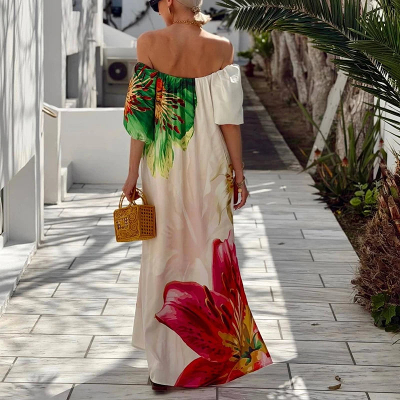 Bohemian Sexy Off-Shoulder Loose Holiday Dress for Women, Sexy Slash Neck Hollow Long Dresses, Summer Print Puff Sleeve Backless Dress