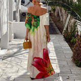 Bohemian Sexy Off-Shoulder Loose Holiday Dress for Women, Sexy Slash Neck Hollow Long Dresses, Summer Print Puff Sleeve Backless Dress