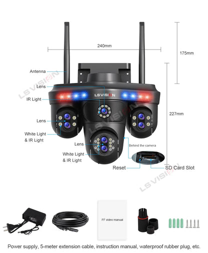 LS VISION 10X Optical Zoom 4-Screens WiFi IP Camera  35MP Outdoor Wifi Security PTZ Cam Auto Tracking Home Surveillance Cameras