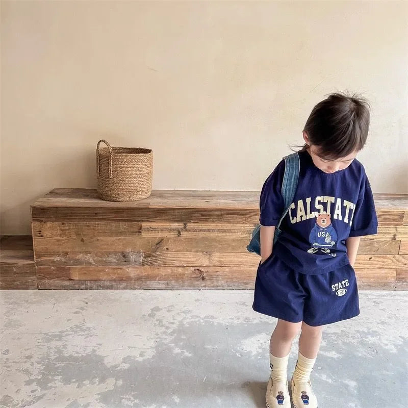 2pcs Summer Baby Clothes Set Children Boy Girl Cartoon Bear T-shirts and Shorts Suit Kid Casual Top Bottom Outfits Tracksuits