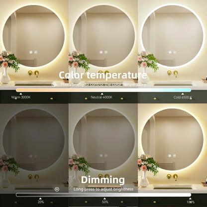 Round LED Bathroom Mirror with Lighting and Anti-Fog, Dimable Wall Makeup mirror Built-In fuse for Bathroom Makeup mirror