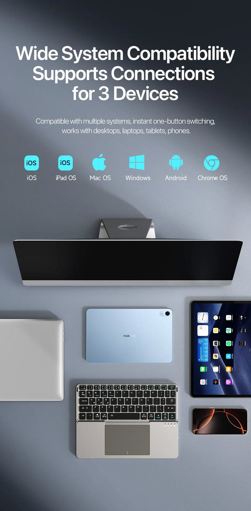 DUX DUCIS Foldable Bluetooth 5.0 Keyboard with Touchpad & Phone Holder For Phones Tablets PC iOS Android Windows Mac