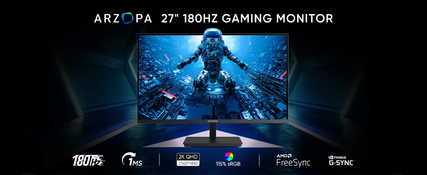 ARZOPA 27inch Monitor 180Hz QHD 2K FastIPS FreeSync Portable Gaming Monitor Second Screen M1RC