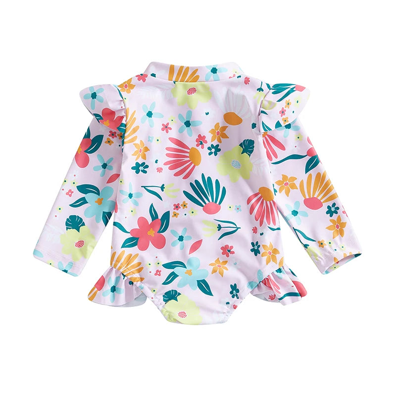 Traje de baño de verano para niñas pequeñas, estampado floral, sin espalda, con volantes, manga larga, ropa de playa para niñas de 0 a 4 años