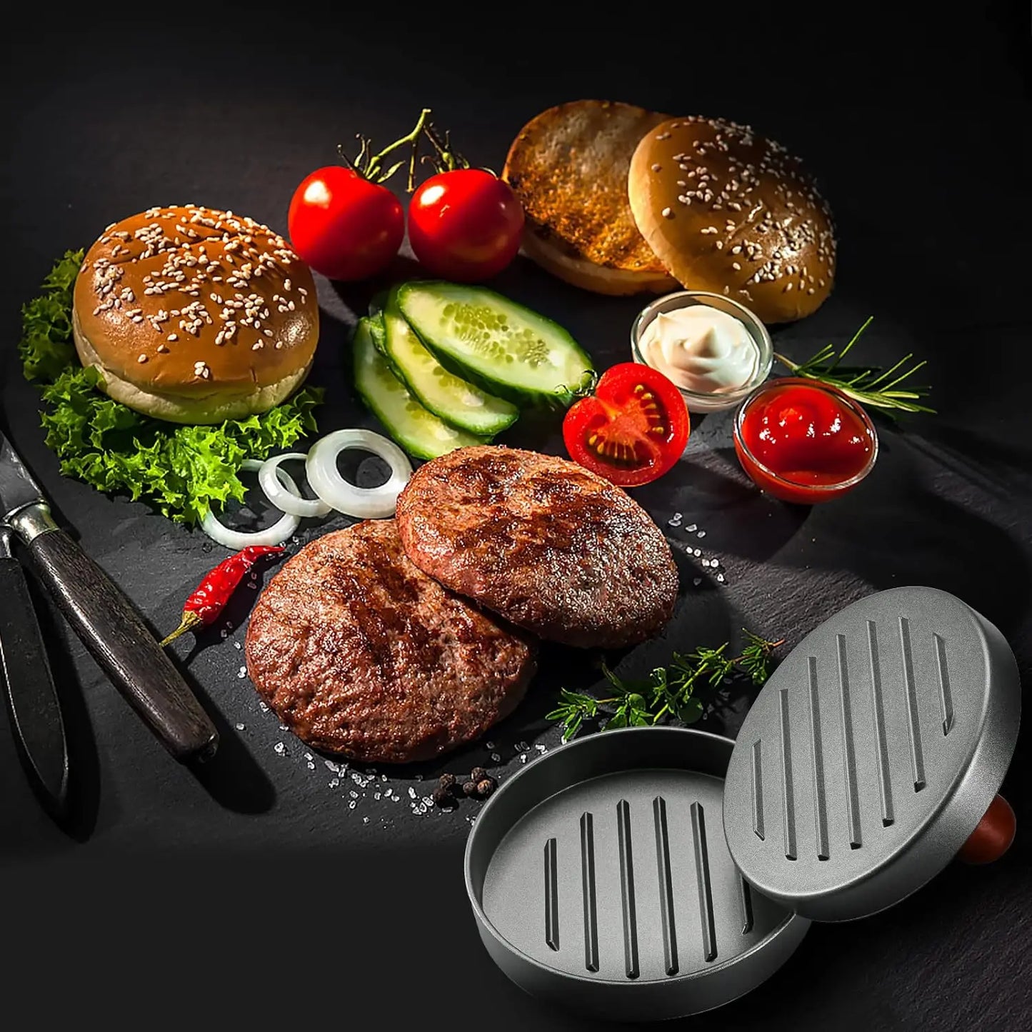 Prensa para hamburguesas de acero inoxidable con mango de madera antiadherente y 100 hojas de papel.