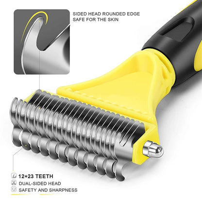 Cepillo de aseo de acero inoxidable para mascotas, de dos caras, para quitar el pelo suelto y desenredar la capa interna, peine rastrillo para perros y gatos, elimina nudos y enredos fácilmente.