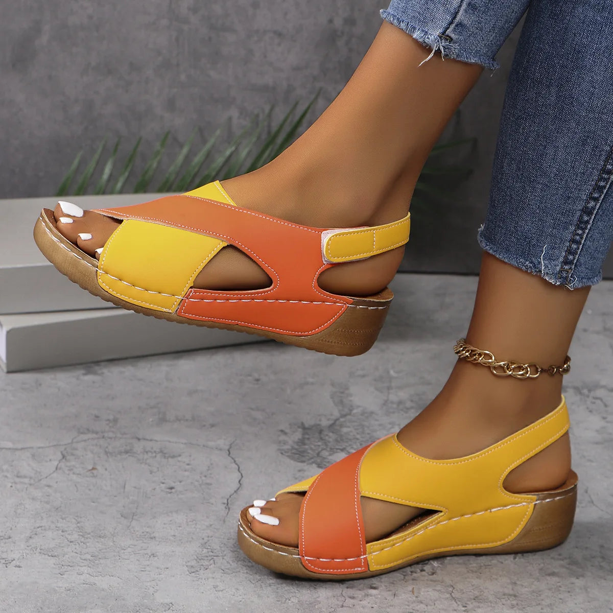 New Women's Contrast Color Wedge Sandals Summer Peep Toe Non Slip Beach Shoes Woman Comfortable Platform Roman Sandalias Mujer