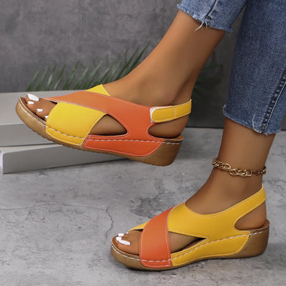 New Women's Contrast Color Wedge Sandals Summer Peep Toe Non Slip Beach Shoes Woman Comfortable Platform Roman Sandalias Mujer