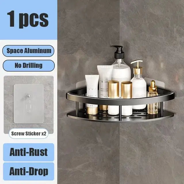 Estante de baño sin taladro, estante de pared para champú, ducha, estante de esquina, estante de almacenamiento para inodoro, accesorios de cocina de aluminio para baño