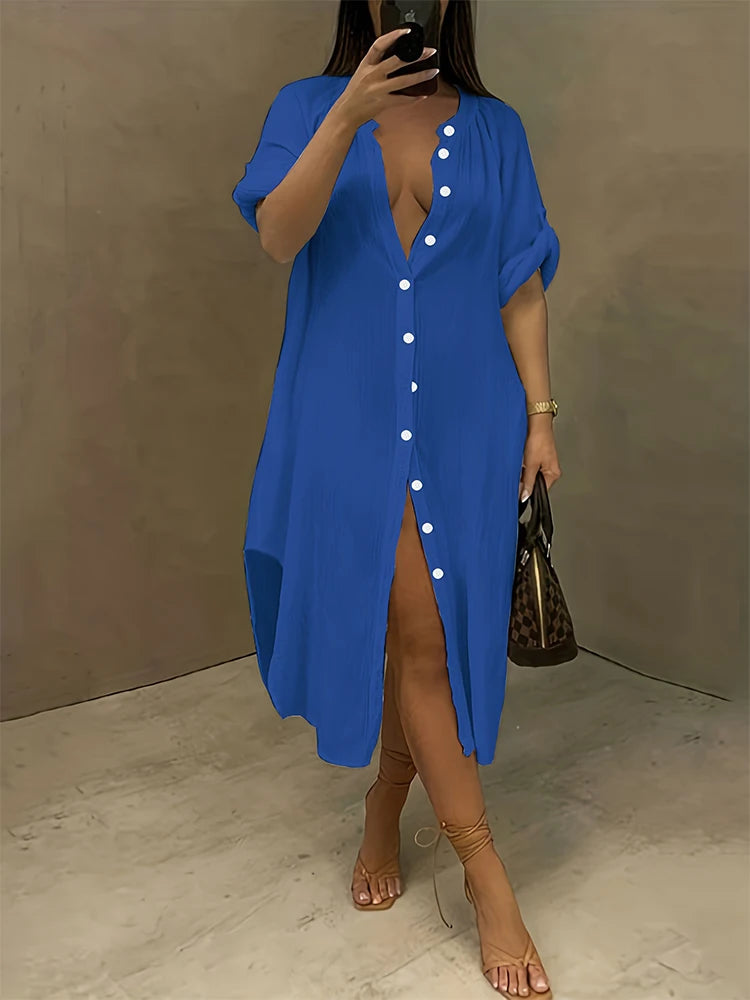 Vestido de talla grande para mujer, primavera y verano 2024, con botones de una sola fila, color liso, informal, suelto, largo, de poliéster.