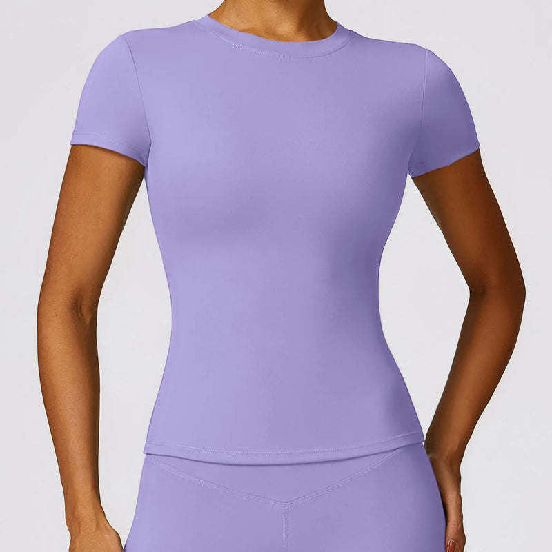 NCLAGEN - Camiseta deportiva para mujer, para correr, de verano, de manga corta, cuello redondo, transpirable, elástica, para gimnasio, yoga, fitness, ajustada, activa