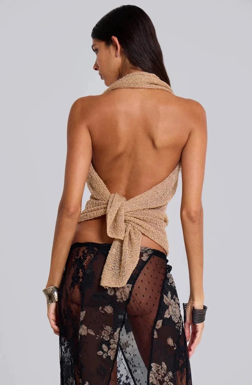 Jaded London Gold Knit Hollowed-Out One-Piece Top Halter Shawl Multi-Wear Holiday Style Halter