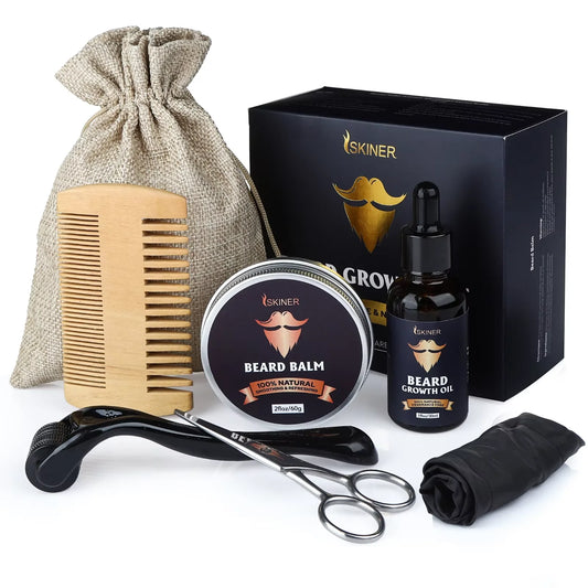 Beard Growth Kit For Men Barbe Hair Enhancer Beard Essential Oil Moisturizing Wax Growth Roller Comb Styling Scissors Beard Care