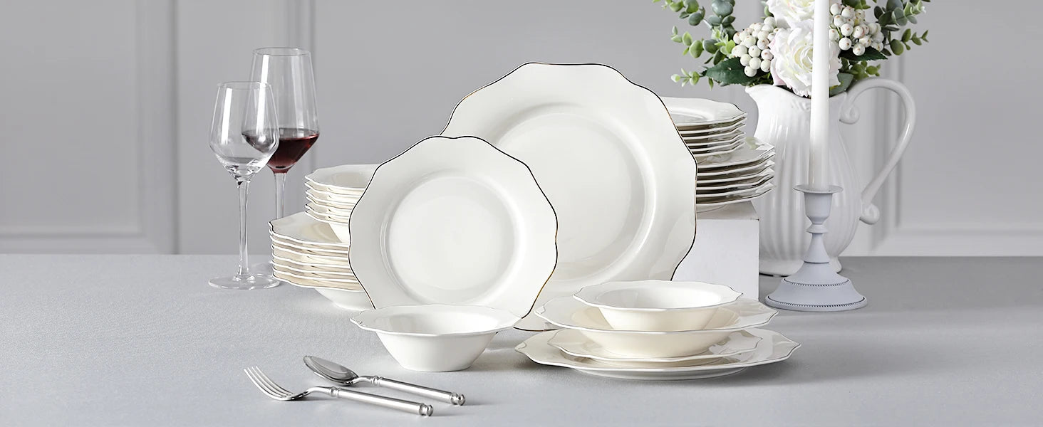 MALACASA LOTUS 16/32-Piece Nordic European White Porcelain Tableware Set with Bowl, Dinner, Dessert & Soup Plate Set for 4/8