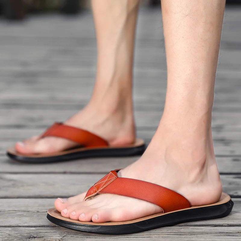 Size 38-47 New Italian Leather Flip-flops For Men Casual Cool Beach Summer Shoes Hotel Slippers Man Light Flats Luxe Men's Shoes
