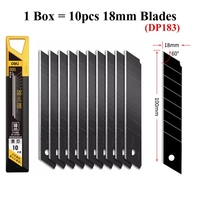 Deli 10pcs/box Knife Blade 9mm 18mm SK5 Metal Blades for Home School Supplies Art Craft Paper Box Cutting Utility Knife Tool