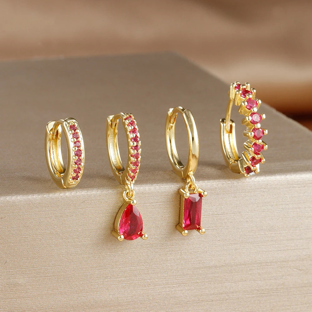 4PCS Colorful Cubic Zirconia Stainless Steel Hoop Earrings Set for Women Pendant Water Drop Earring Cartilage Piercing Jewelry