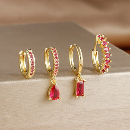 4PCS Colorful Cubic Zirconia Stainless Steel Hoop Earrings Set for Women Pendant Water Drop Earring Cartilage Piercing Jewelry