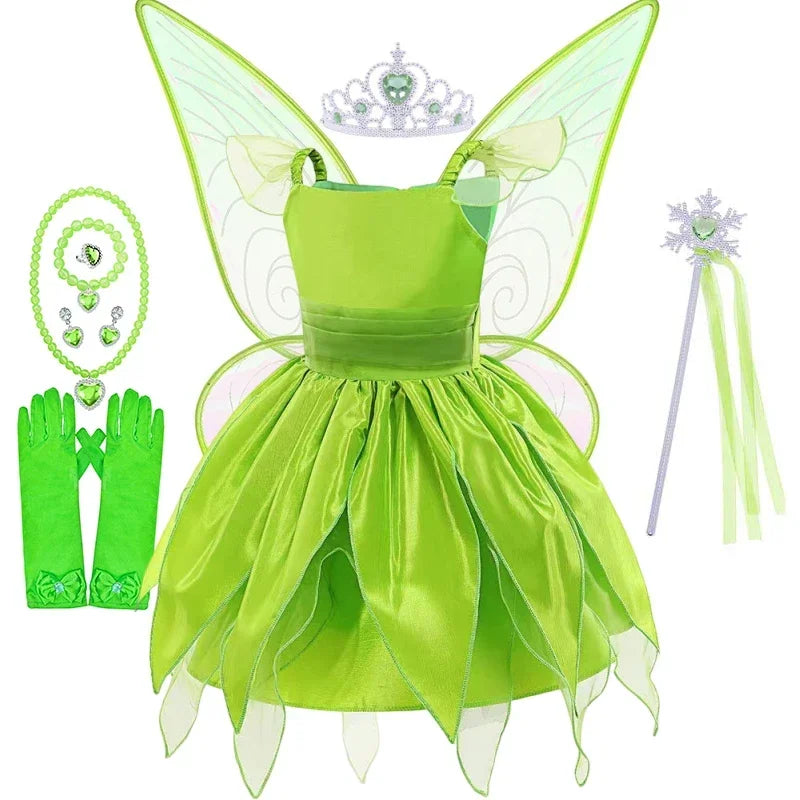 Girls Disney Party Dresses Fairy Tiana Costume for Girl Tinkerbell Children Clothing Princess Elf Birthday Ball Gown Wing Dresse
