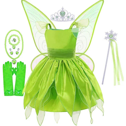 Girls Disney Party Dresses Fairy Tiana Costume for Girl Tinkerbell Children Clothing Princess Elf Birthday Ball Gown Wing Dresse