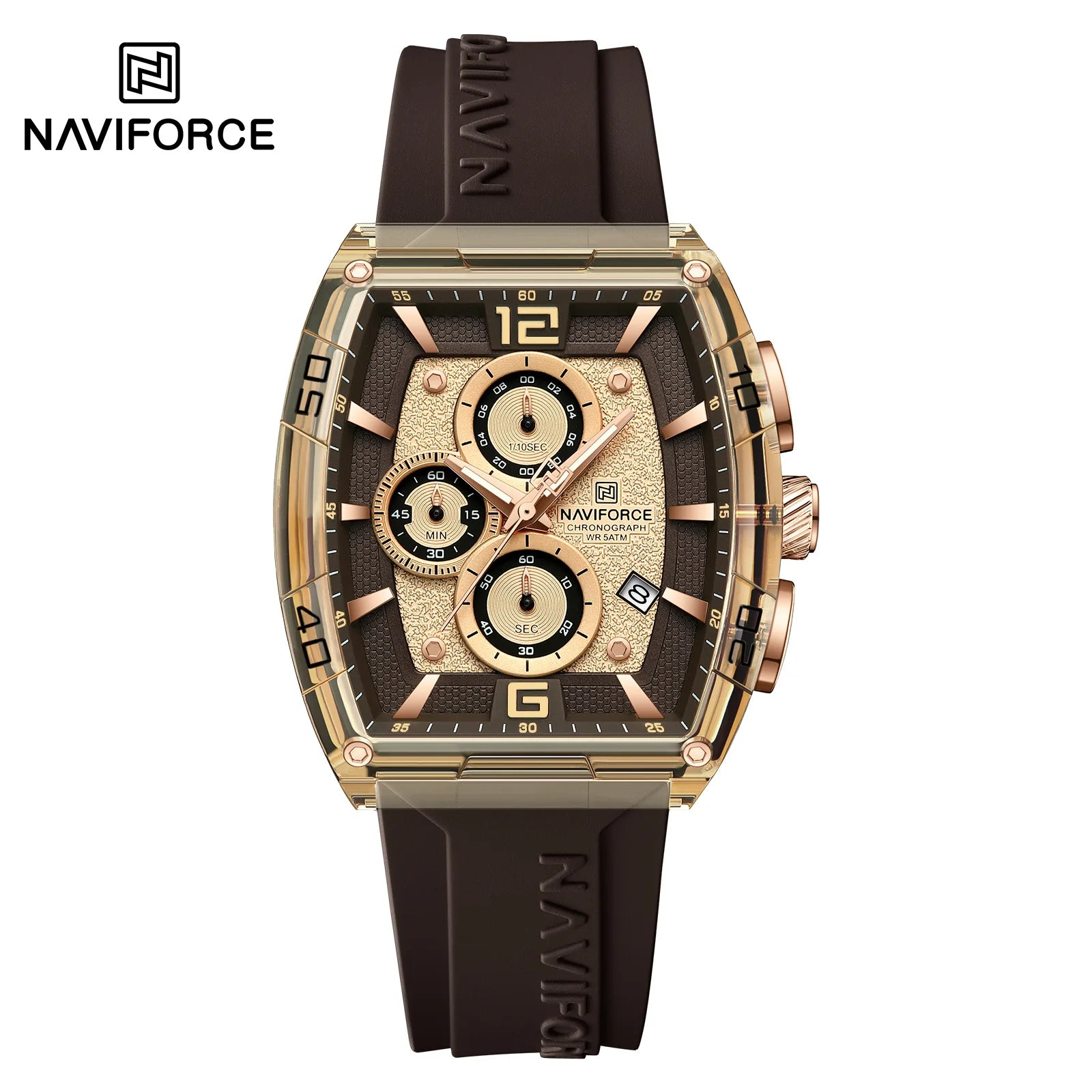 NAVIFORCE 6101 Casual Men's Quartz Watch Tonneau Dial Luminous Waterproof Silicone Strap Outdoor Sports Fashion Watches for Men