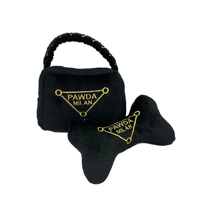 Juguetes negros de lujo para perros, regalos de cumpleaños para mascotas, accesorio para masticar cachorros, bolso, hueso, juguetes chirriantes para cachorros.