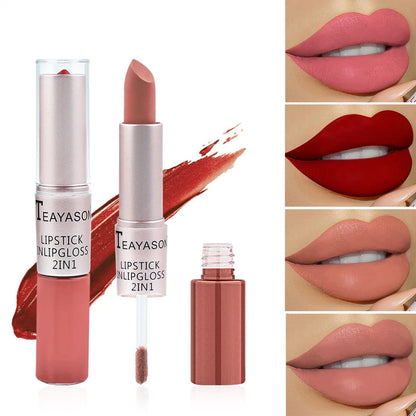 Lápiz labial mate aterciopelado de larga duración, brillo labial de doble cabezal, taza antiadherente, brillo labial, tinte voluminizador, lápiz labial resistente al agua, maquillaje
