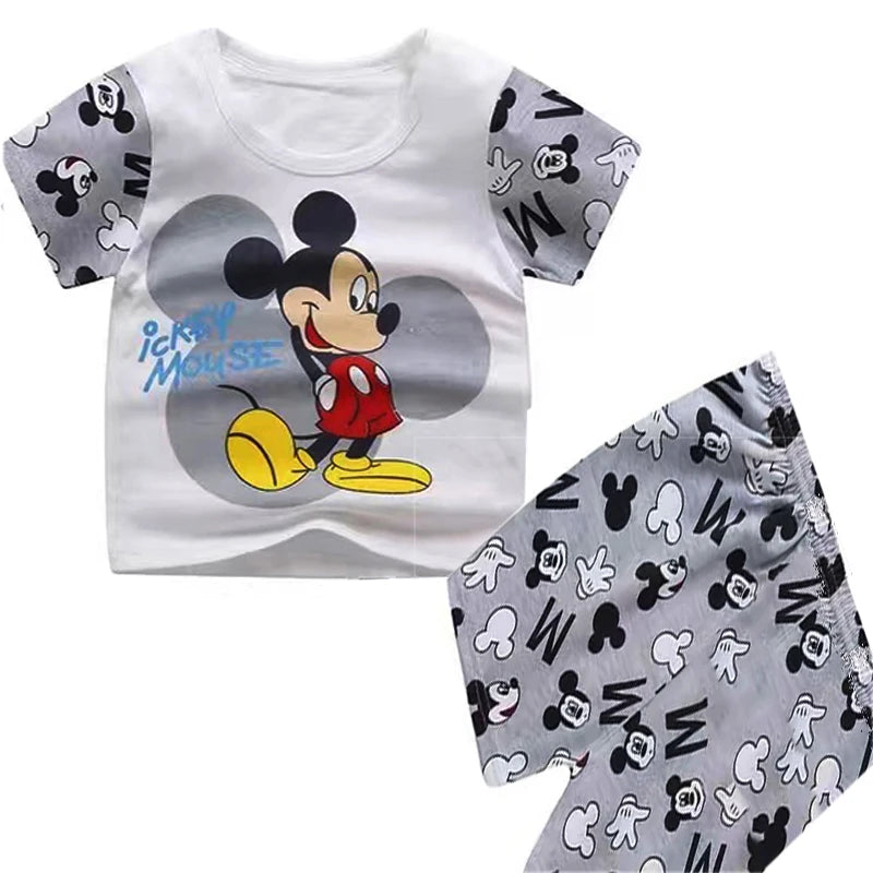 Mickey Mouse Summer T-shirt Shorts Children's Short Sleeve Set Cotton Tees Tracksuits Boys Girls Clothes Casual Two Piece