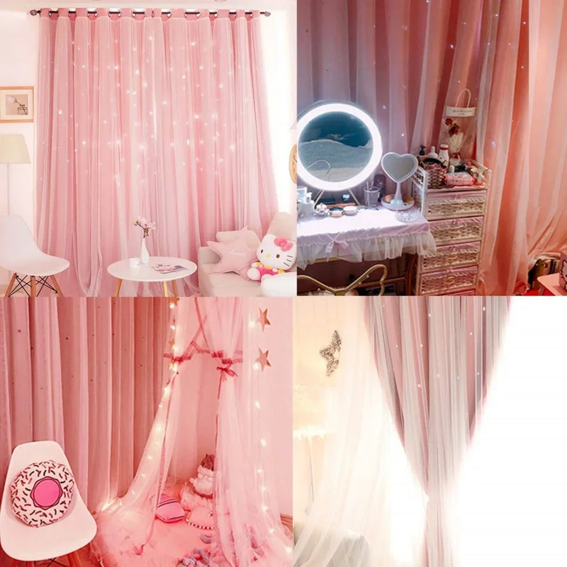 Kids Girls Bedroom Pink Curtains Star Cutout Blackout with White Sheer Pastel Nursery Window Curtain Panels for Living Room Home