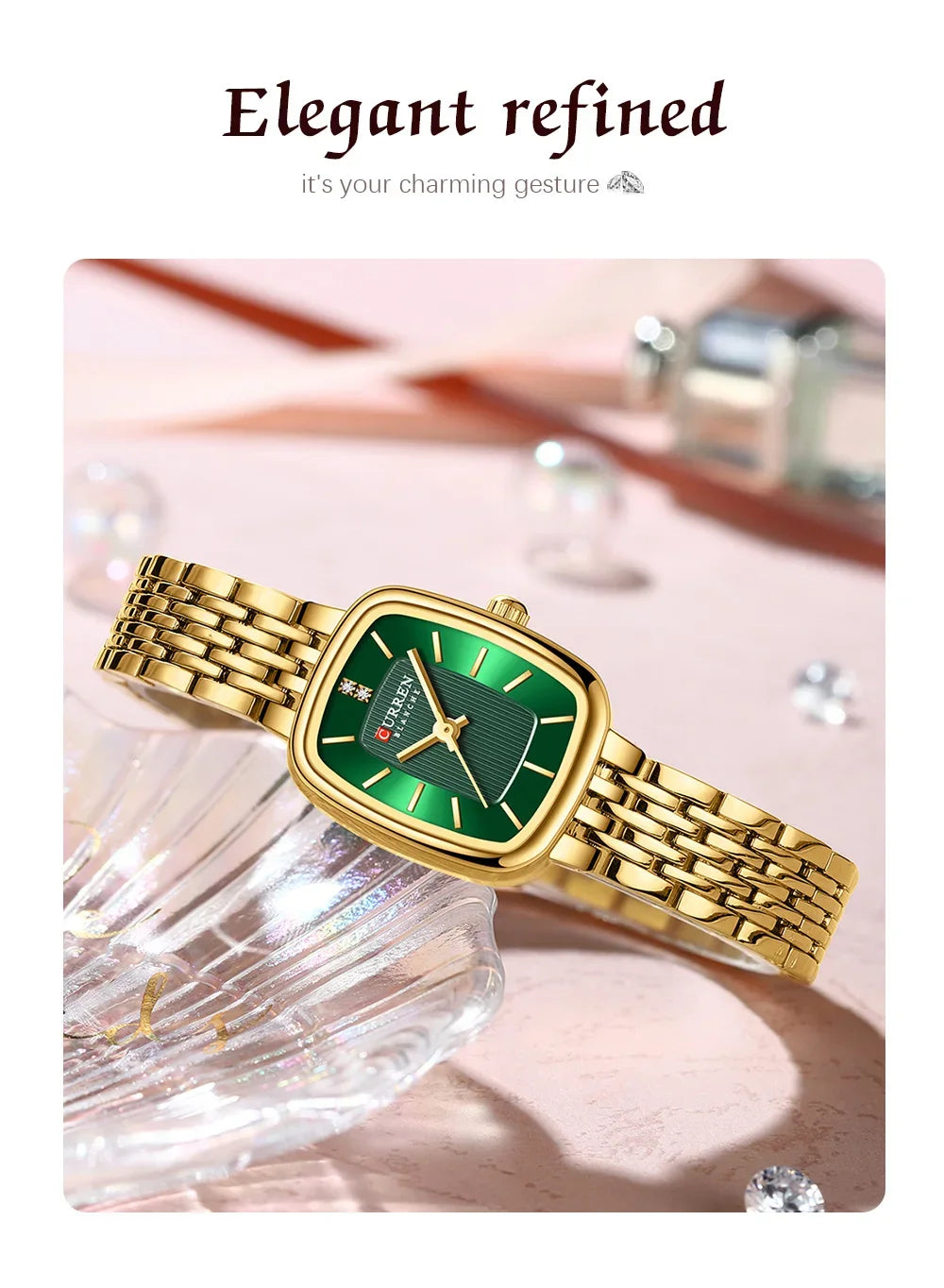 Relógio feminino quadrado dourado em aço inoxidável com calendário