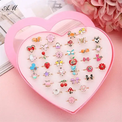 10 Pcs Adjustable Alloy Baby Girl Rings with Heart Shaped Box Cartoon Mix Finger Jewellery Rings Kid Girls Toys Random Color