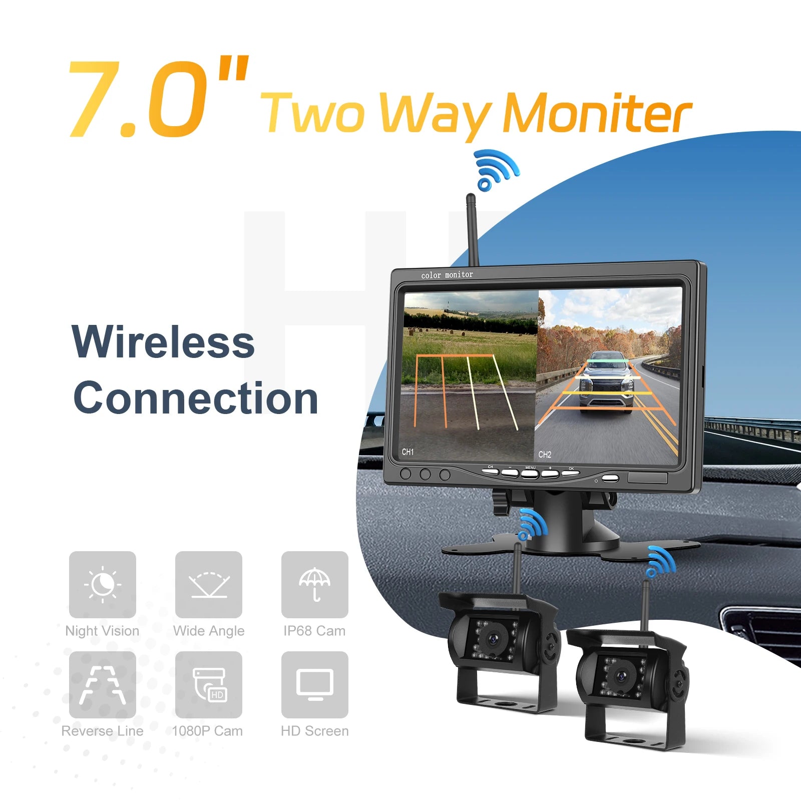 LeeKooLuu Wireless Dual Backup Reversing Cameras and 7" IPS Car Monitor IR Night Vision Rear View Camera for RV Truck Trail Bus
