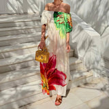 Bohemian Sexy Off-Shoulder Loose Holiday Dress for Women, Sexy Slash Neck Hollow Long Dresses, Summer Print Puff Sleeve Backless Dress