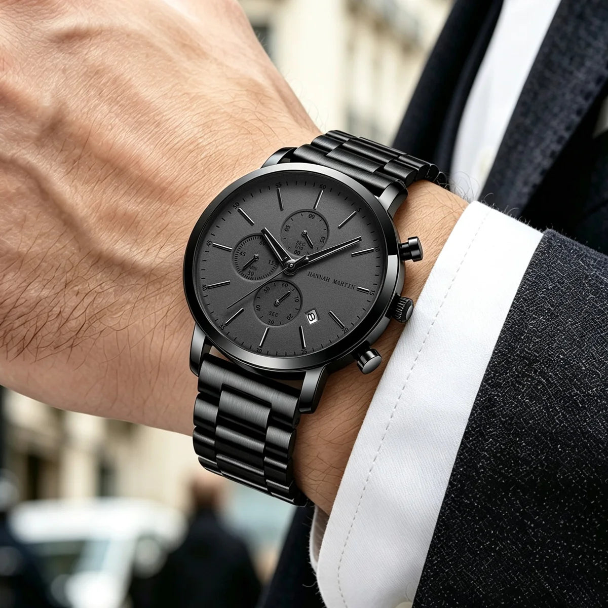 HANNAH MARTIN Brand Men Watch Black Stainless Steel Waterproof Fashion Sports Multifunctional Quartz Wristatch Relogio Masculino