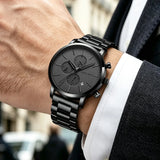 HANNAH MARTIN Brand Men Watch Black Stainless Steel Waterproof Fashion Sports Multifunctional Quartz Wristatch Relogio Masculino