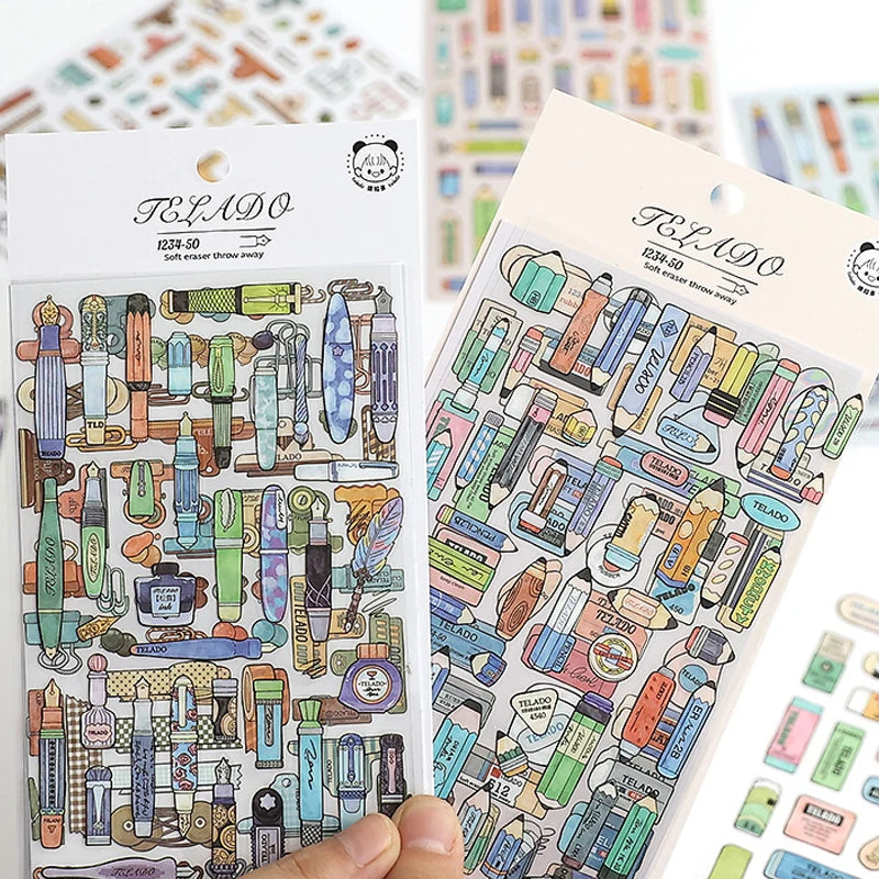 8pcs pencils erasers pens clips stationery themed stickers handbook DIY notebooks dairy pens students' back-to-school gifts