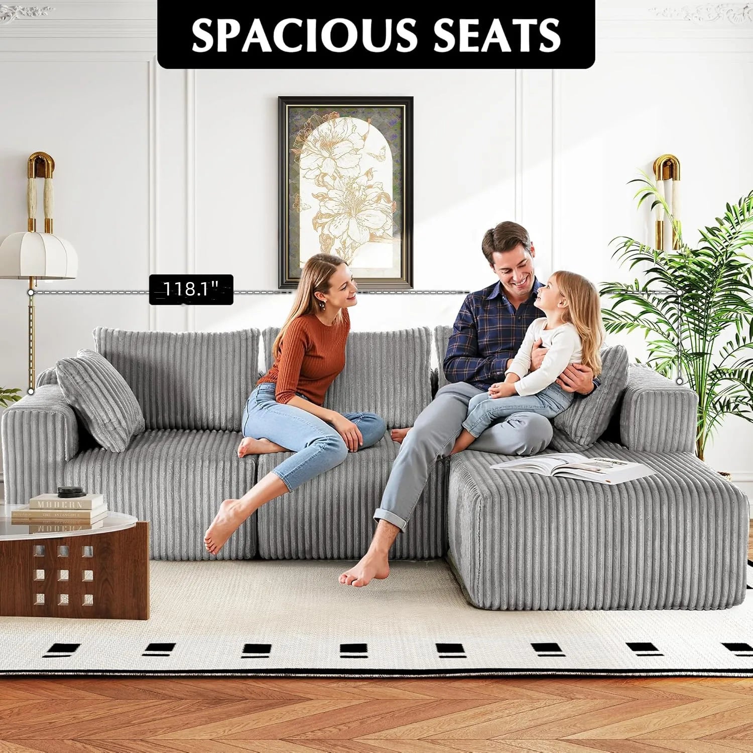 118" Compressed Sofa for Living Room L Shaped Boneless Couch, Modular Sectional Sofa, Sofa Bed Memory Foam Couches with Chaise