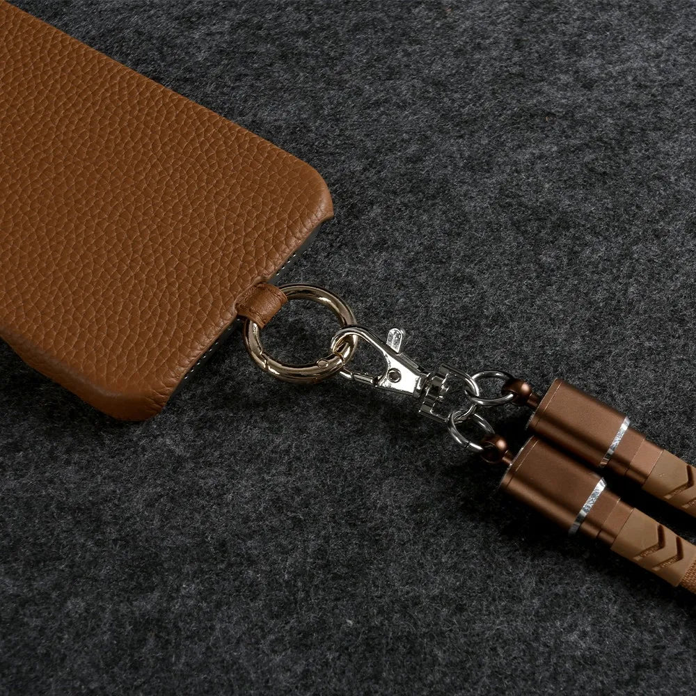 Funda de piel auténtica personalizable con cordón de carga para iPhone 16 Pro Max, 15, 14, 13, 12 y 11, con funda magnética.