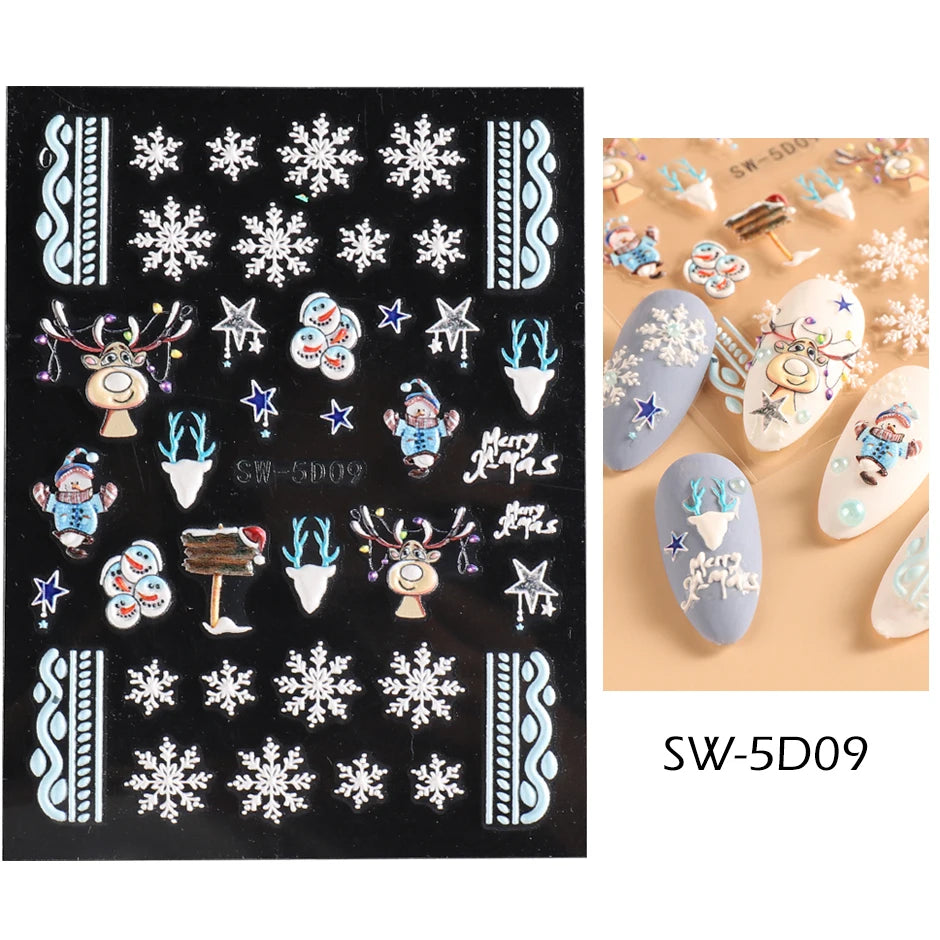 5D Red Christmas Nail Stickers Glitter Embossed Snowflake Gloves Feather Bulb Bells Winter Xmas DIY Engraved Manicure Decoration