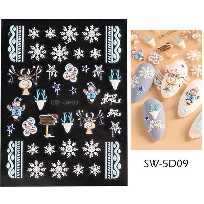 5D Red Christmas Nail Stickers Glitter Embossed Snowflake Gloves Feather Bulb Bells Winter Xmas DIY Engraved Manicure Decoration