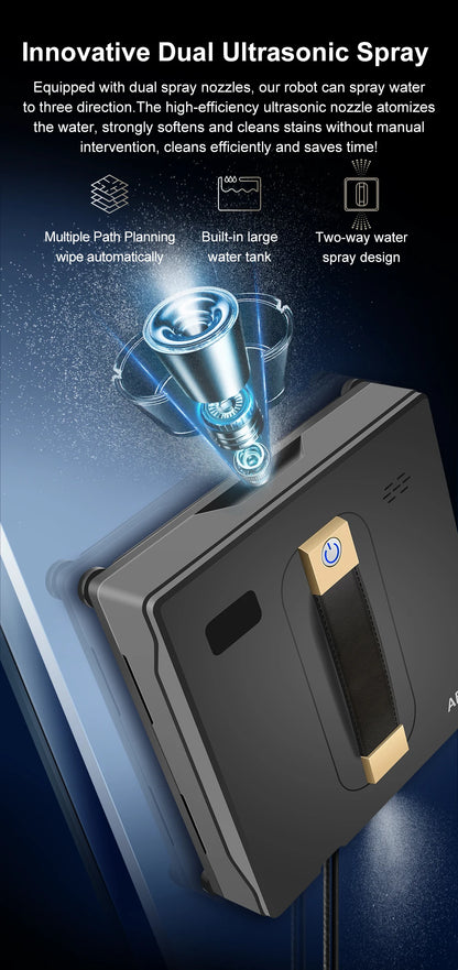 Robot limpiacristales ABIR WD8, doble pulverización de agua, memoria inteligente, alta succión al vacío, sensor láser, ideal para limpiar cristales de paredes del hogar.
