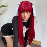 Light Wine Red Synthetic Wigs With Bangs for Women, Long Straight Hair Wig, Natural Cosplay Party, Heat Resistant