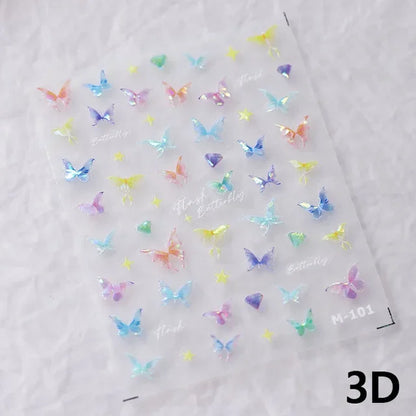 Colorful Pink Gradual Moon Star Cloud Butterfly Rhinestone 5D Soft Embossed Relief Nail Art Sticker 3D Decal Decoration Manicure